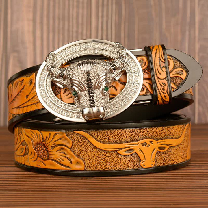 Ceinture en cuir à boucle automatique avec strass brillant pour homme