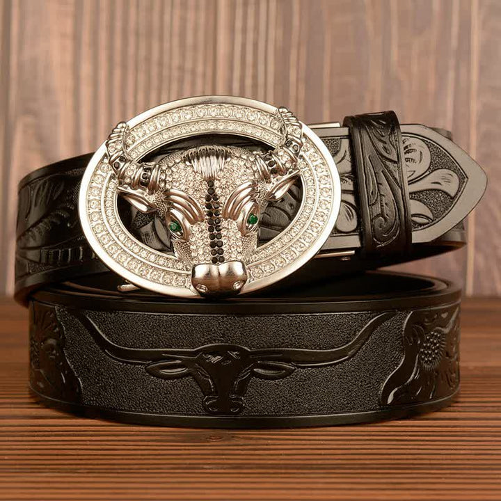 Ceinture en cuir à boucle automatique avec strass brillant pour homme