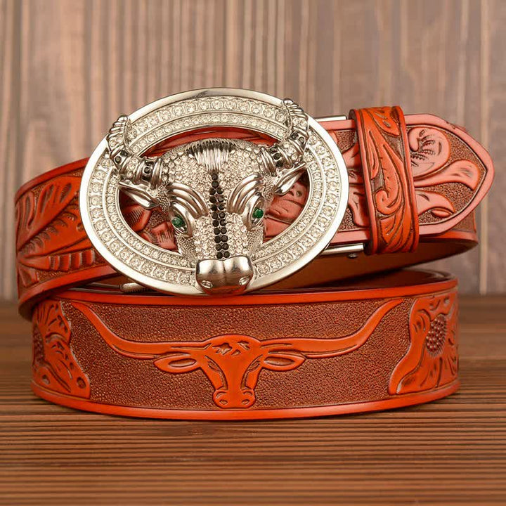 Ceinture en cuir à boucle automatique avec strass brillant pour homme