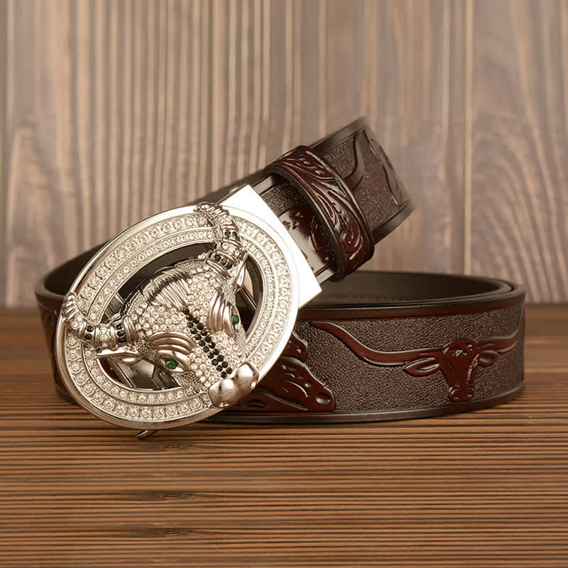 Ceinture en cuir à boucle automatique avec strass brillant pour homme