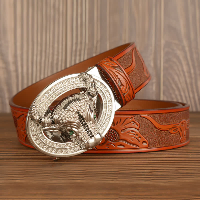 Ceinture en cuir à boucle automatique avec strass brillant pour homme