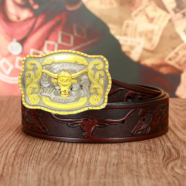 Ceinture en cuir pour homme avec motif de taureaux dorés