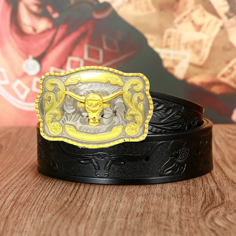 Ceinture en cuir pour homme avec motif de taureaux dorés
