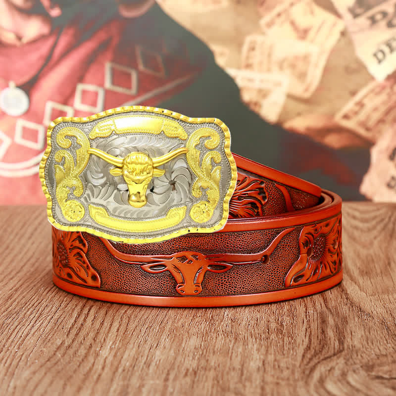 Ceinture en cuir pour homme avec motif de taureaux dorés