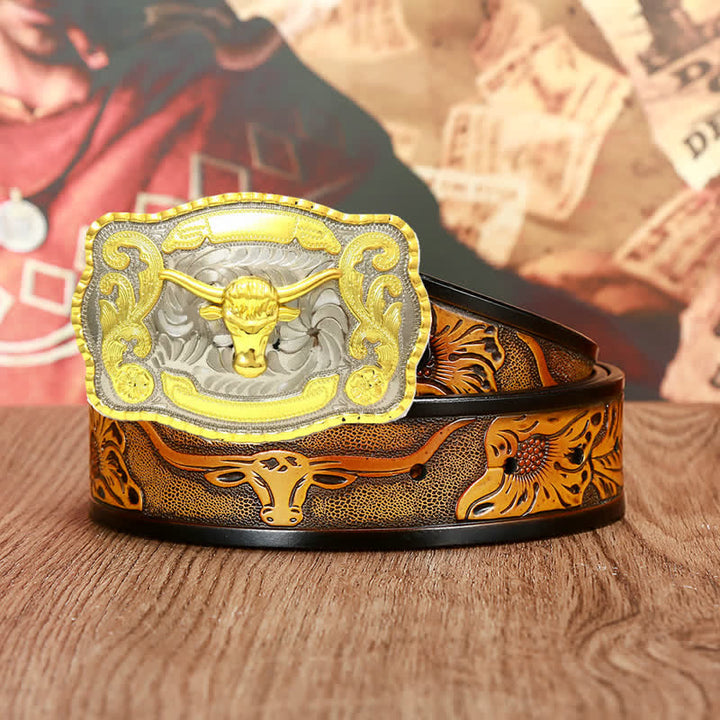 Ceinture en cuir pour homme avec motif de taureaux dorés