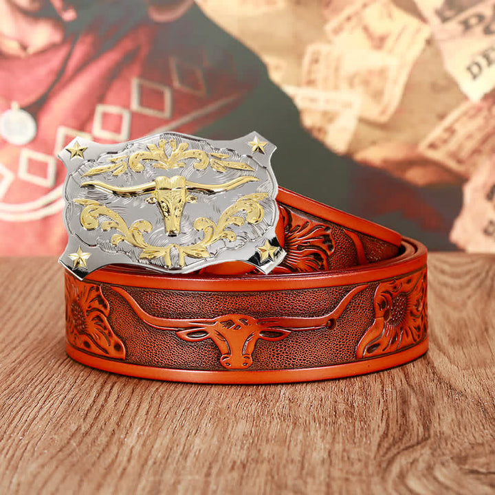 Ceinture en cuir animal tête de taureau 3D argent et or pour homme