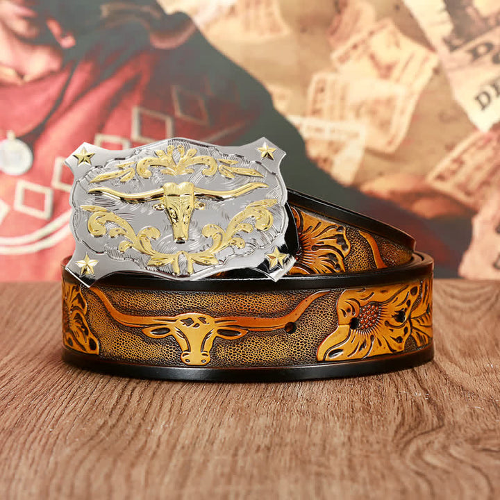 Ceinture en cuir animal tête de taureau 3D argent et or pour homme
