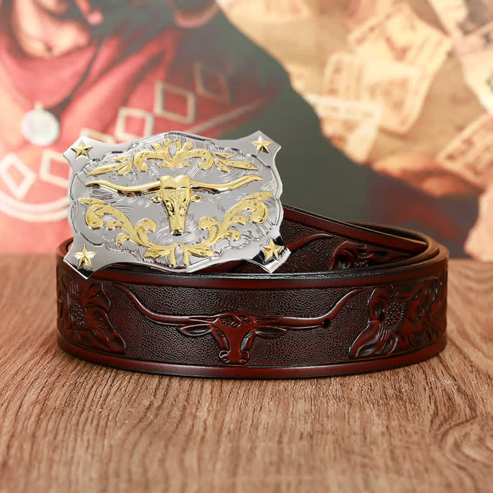 Ceinture en cuir animal tête de taureau 3D argent et or pour homme