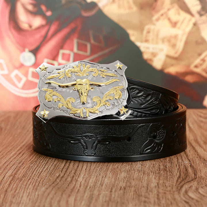 Ceinture en cuir animal tête de taureau 3D argent et or pour homme