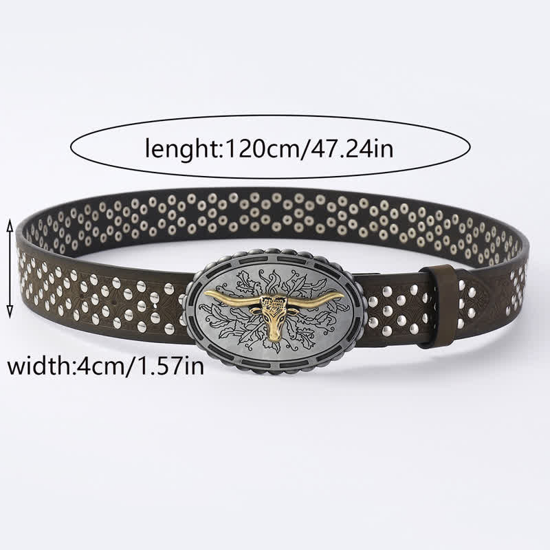 Ceinture en cuir pour homme avec rivets en forme de tête de taureau argentée