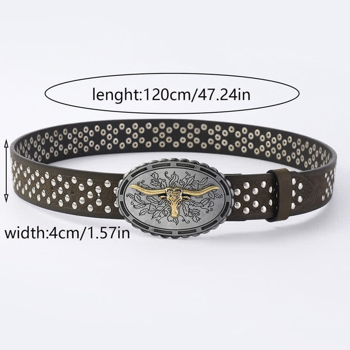 Ceinture en cuir pour homme avec rivets en forme de tête de taureau argentée