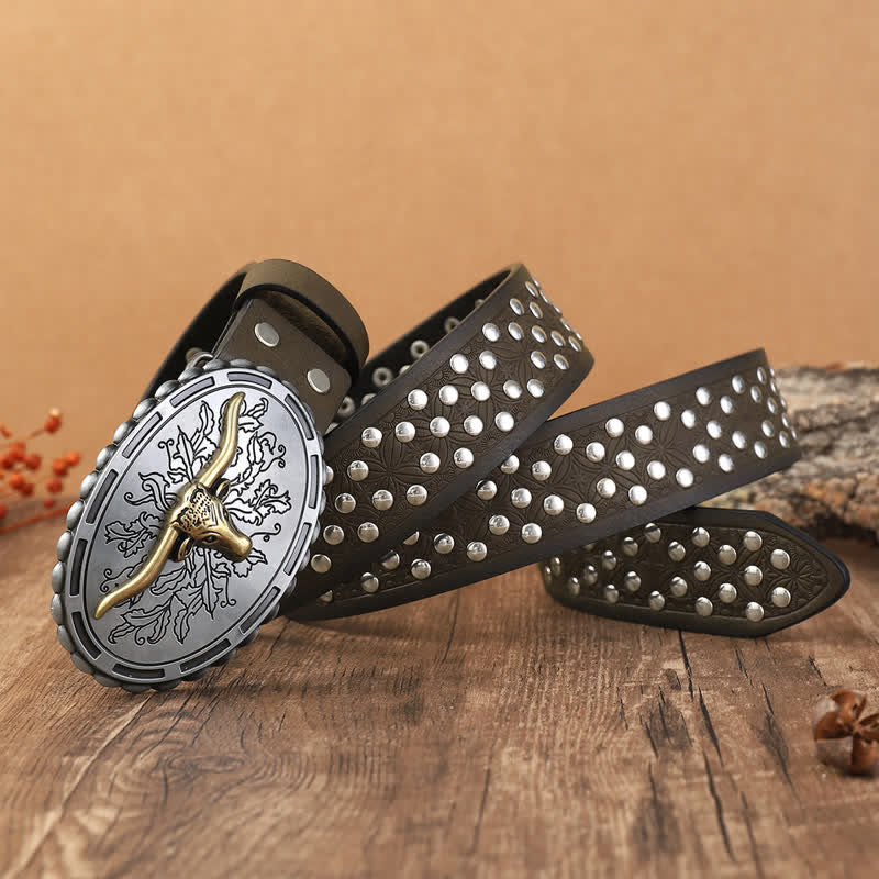 Ceinture en cuir pour homme avec rivets en forme de tête de taureau argentée