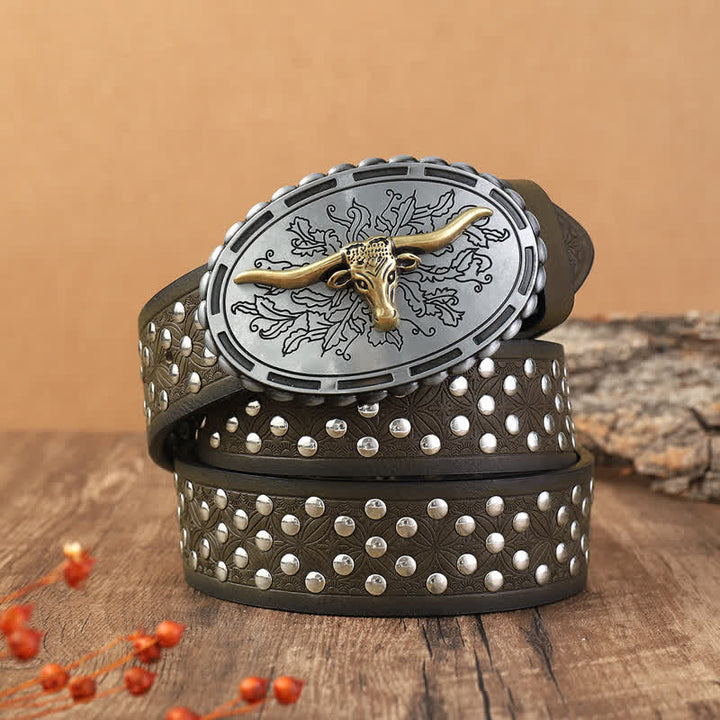Ceinture en cuir pour homme avec rivets en forme de tête de taureau argentée