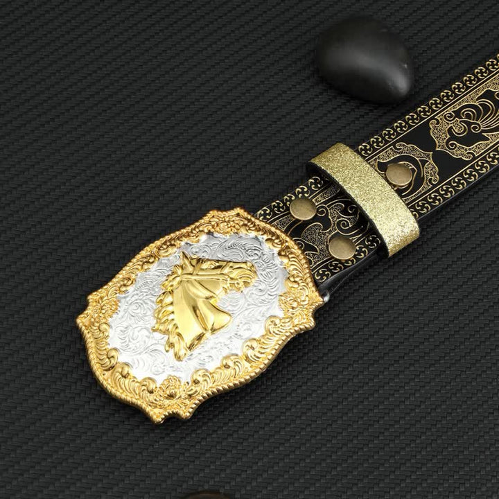 Ceinture en cuir à imprimé floral en relief et motif cheval pour homme