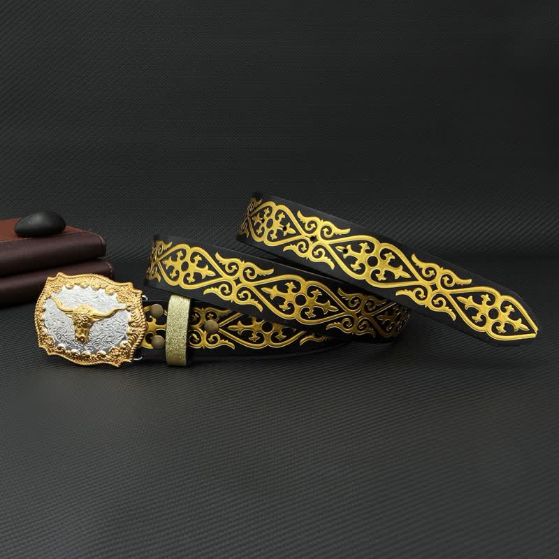 Ceinture en cuir à imprimé floral en relief et motif taureau pour homme