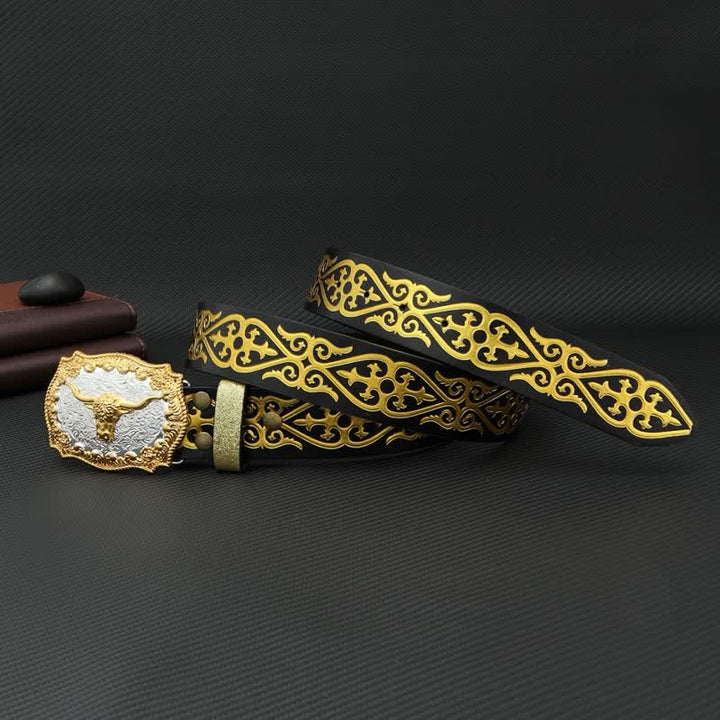 Ceinture en cuir à imprimé floral en relief et motif taureau pour homme