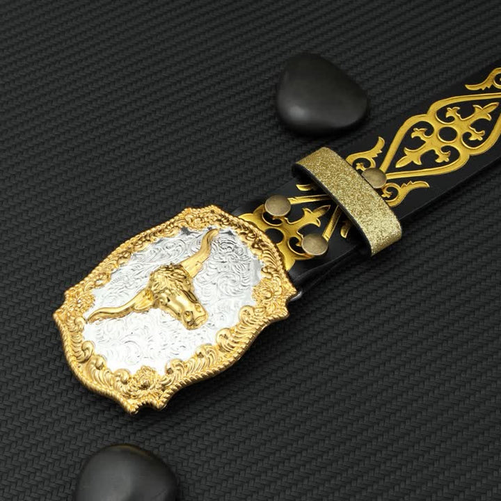Ceinture en cuir à imprimé floral en relief et motif taureau pour homme