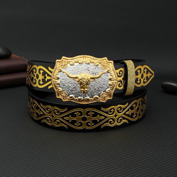Ceinture en cuir à imprimé floral en relief et motif taureau pour homme