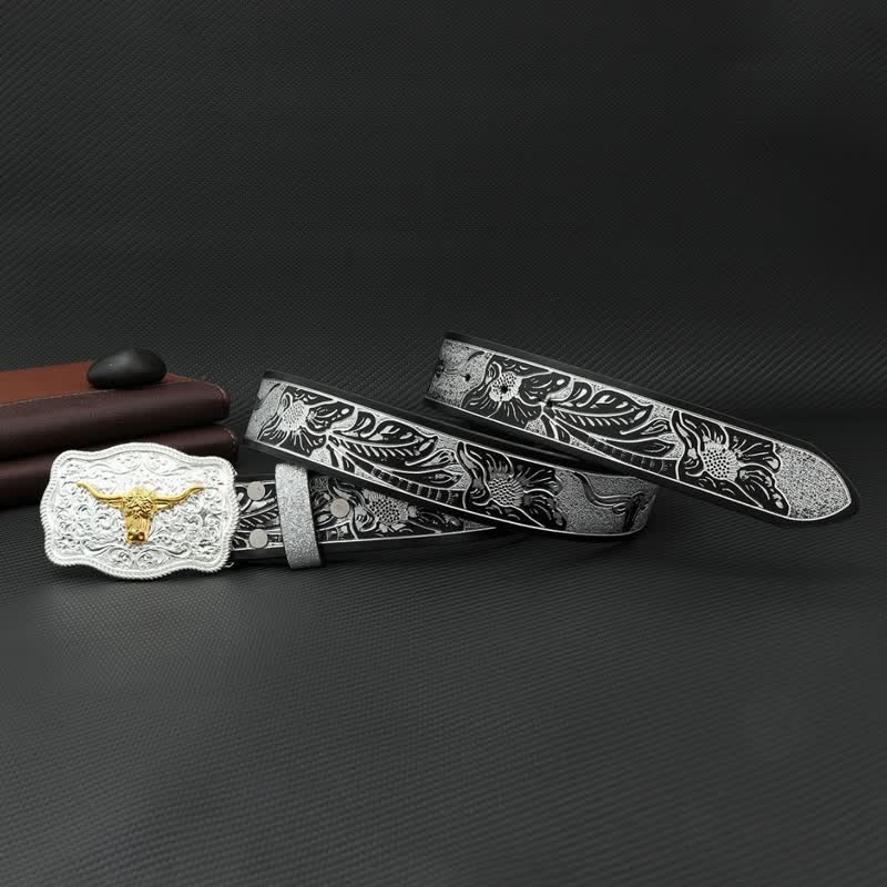 Ceinture en cuir à imprimé floral en relief noir et argent pour homme
