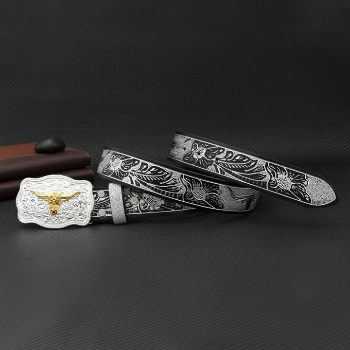 Ceinture en cuir à imprimé floral en relief noir et argent pour homme