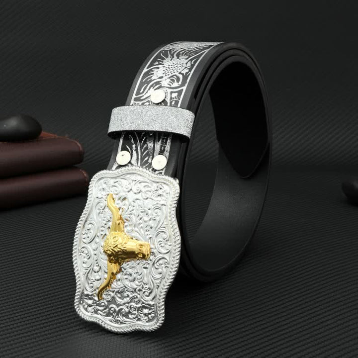 Ceinture en cuir à imprimé floral en relief noir et argent pour homme
