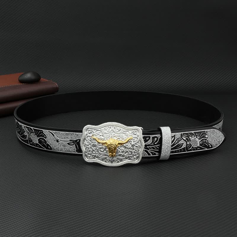 Ceinture en cuir à imprimé floral en relief noir et argent pour homme