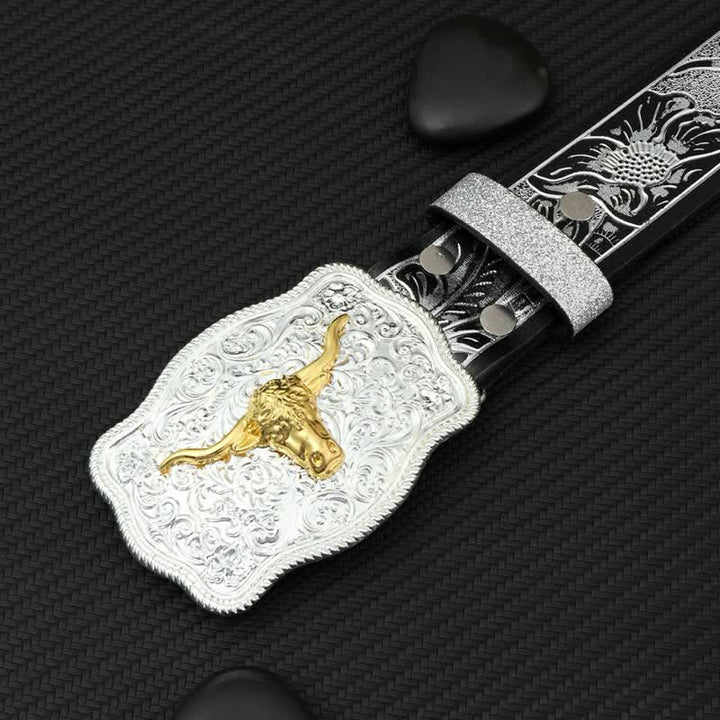 Ceinture en cuir à imprimé floral en relief noir et argent pour homme