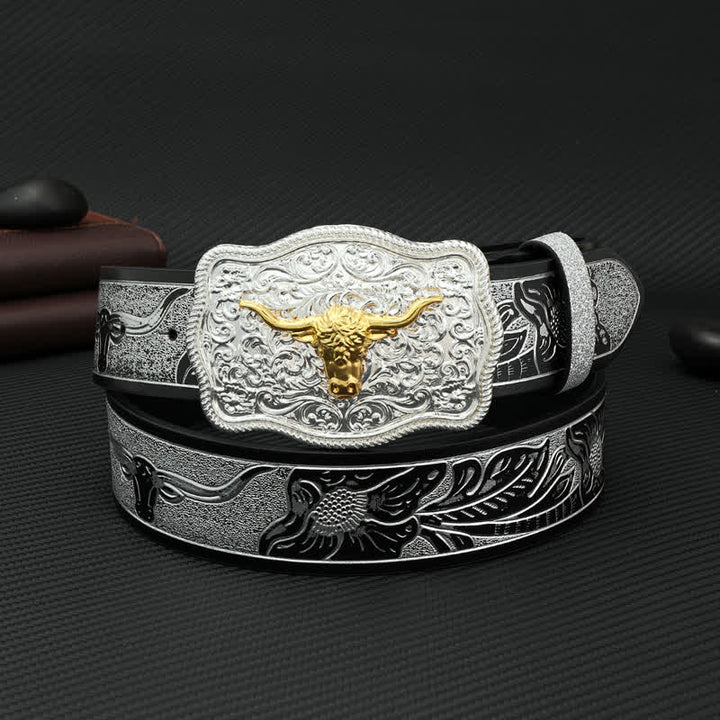 Ceinture en cuir à imprimé floral en relief noir et argent pour homme