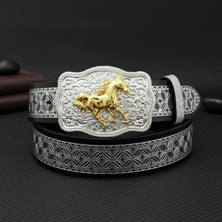 Ceinture en cuir gaufré à motif cheval de course argenté pour homme