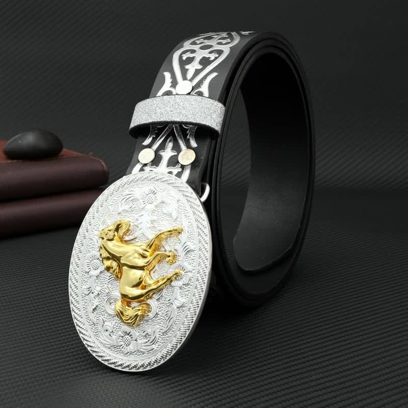 Ceinture ronde en cuir gaufré argenté pour homme avec motif cheval au galop