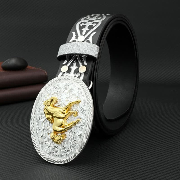 Ceinture ronde en cuir gaufré argenté pour homme avec motif cheval au galop