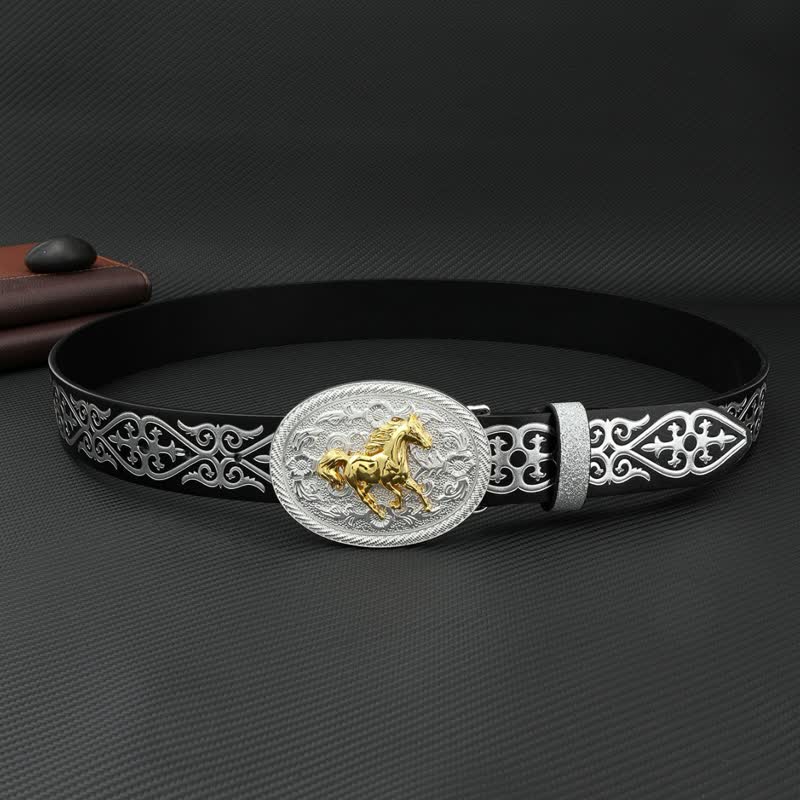 Ceinture ronde en cuir gaufré argenté pour homme avec motif cheval au galop