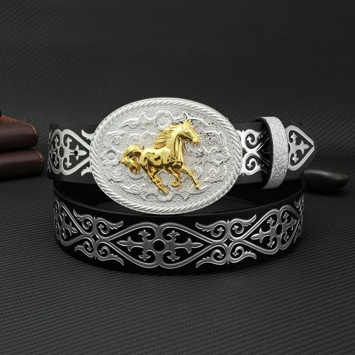 Ceinture ronde en cuir gaufré argenté pour homme avec motif cheval au galop