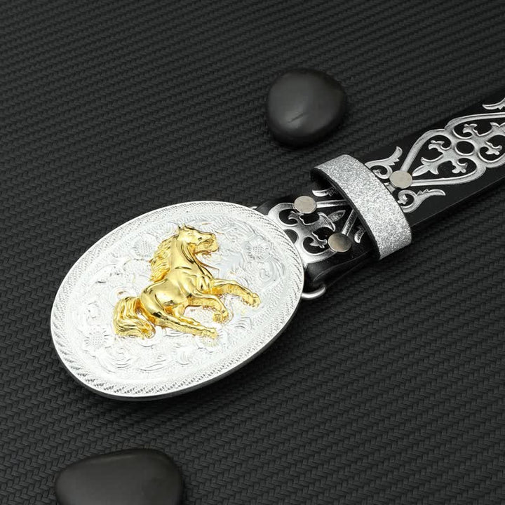 Ceinture ronde en cuir gaufré argenté pour homme avec motif cheval au galop