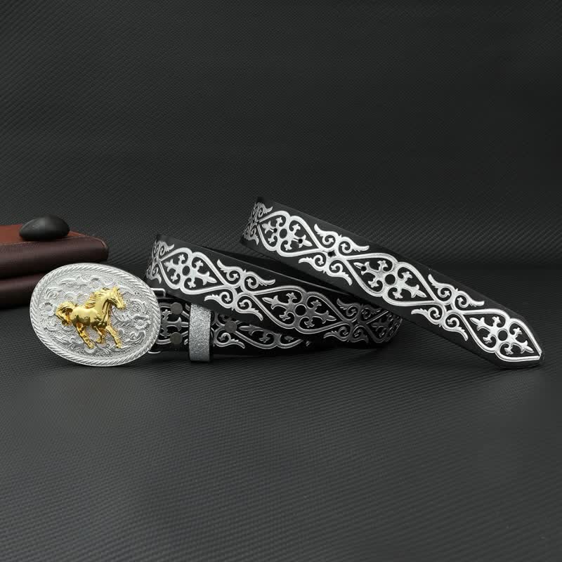 Ceinture ronde en cuir gaufré argenté pour homme avec motif cheval au galop