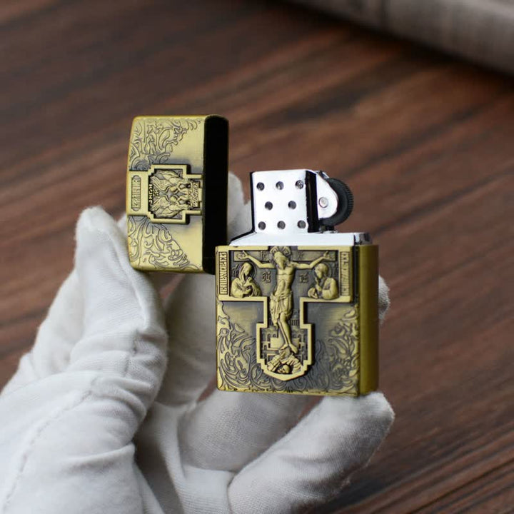 Briquet au butane rechargeable avec meule en relief en forme de croix de Jésus