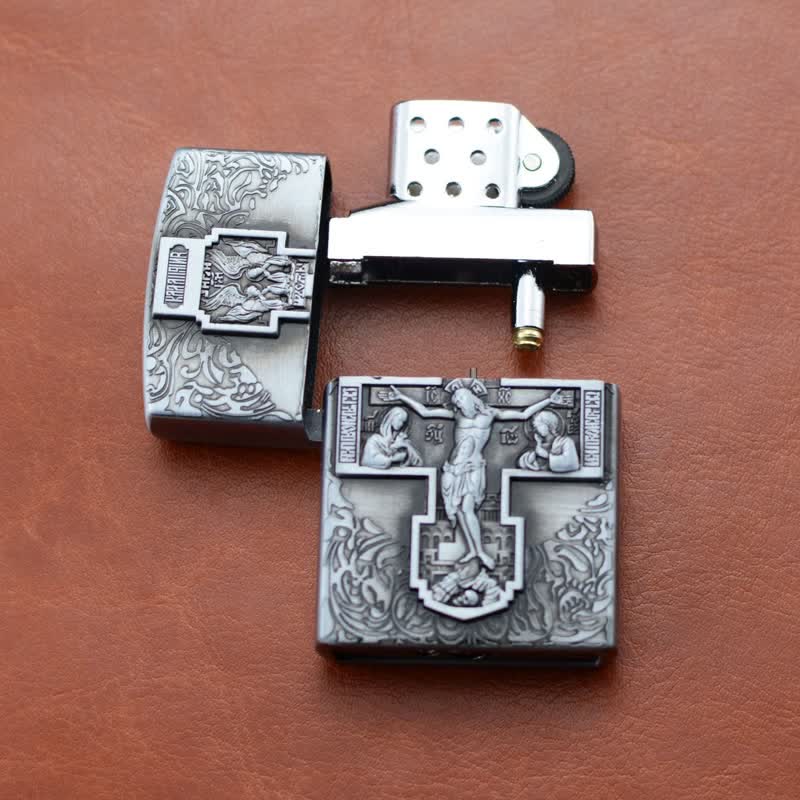 Briquet au butane rechargeable avec meule en relief en forme de croix de Jésus