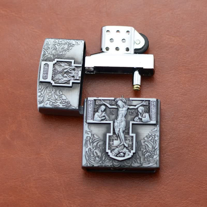 Briquet au butane rechargeable avec meule en relief en forme de croix de Jésus