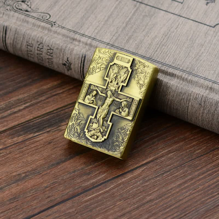 Briquet au butane rechargeable avec meule en relief en forme de croix de Jésus