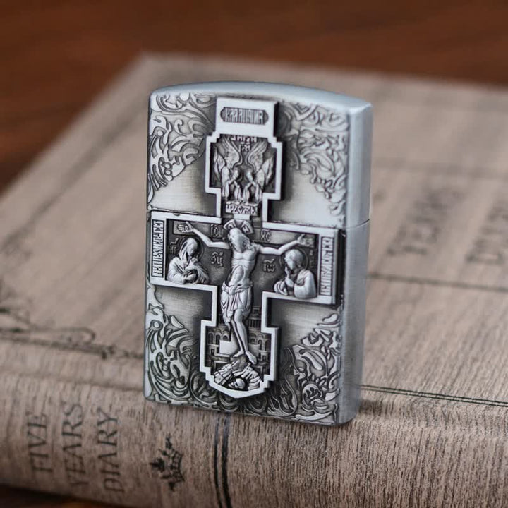 Briquet au butane rechargeable avec meule en relief en forme de croix de Jésus
