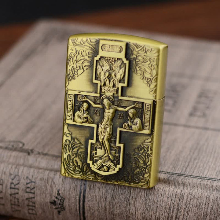 Briquet au butane rechargeable avec meule en relief en forme de croix de Jésus
