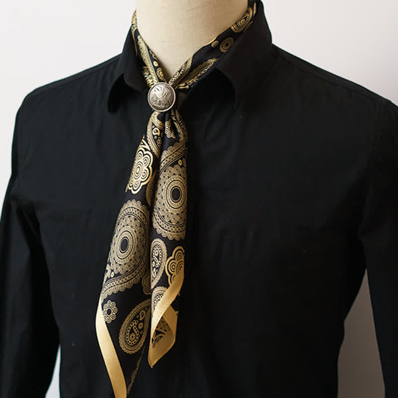 Écharpe carrée de luxe à motif cachemire noir et doré avec boucle d'écharpe