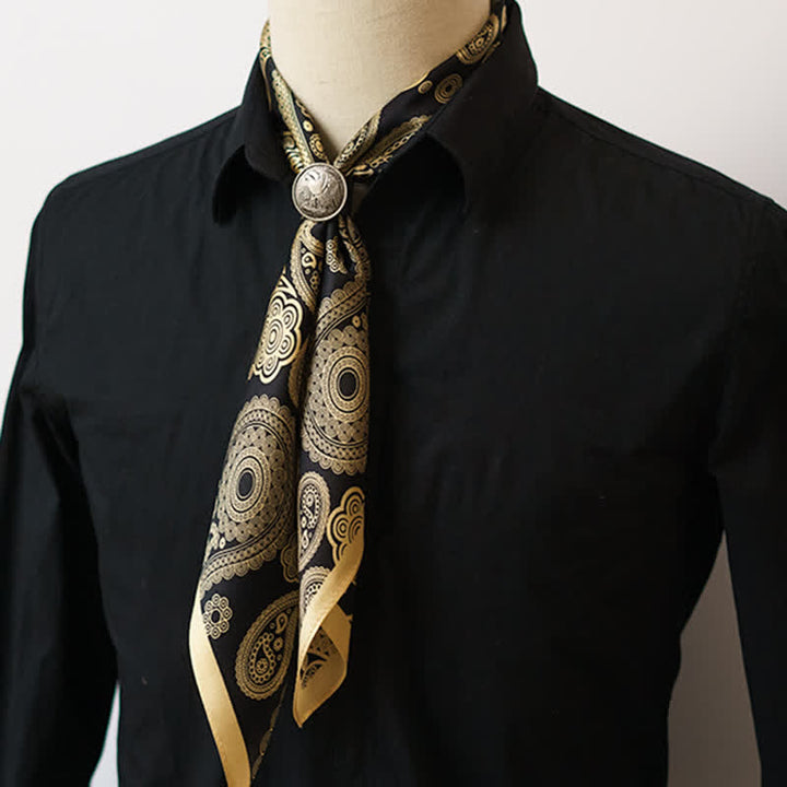 Écharpe carrée de luxe à motif cachemire noir et doré avec boucle d'écharpe