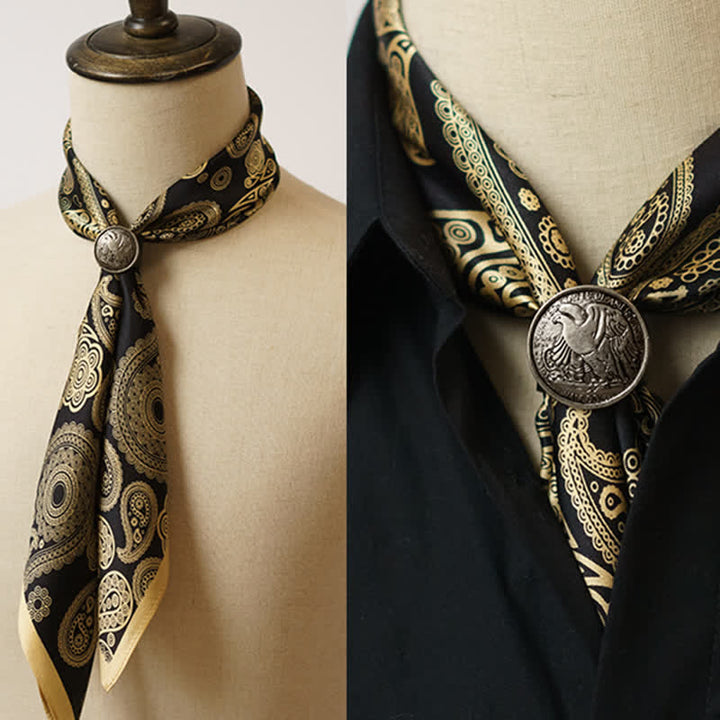 Écharpe carrée de luxe à motif cachemire noir et doré avec boucle d'écharpe