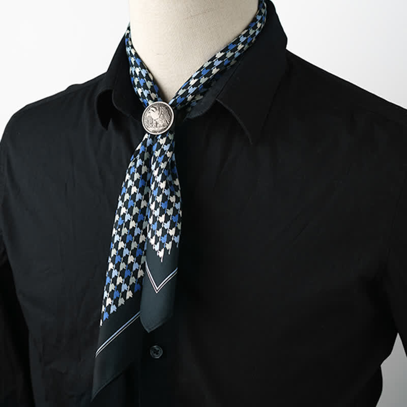 Écharpe carrée à motif pied-de-poule bleu marine et bleu avec boucle d'écharpe
