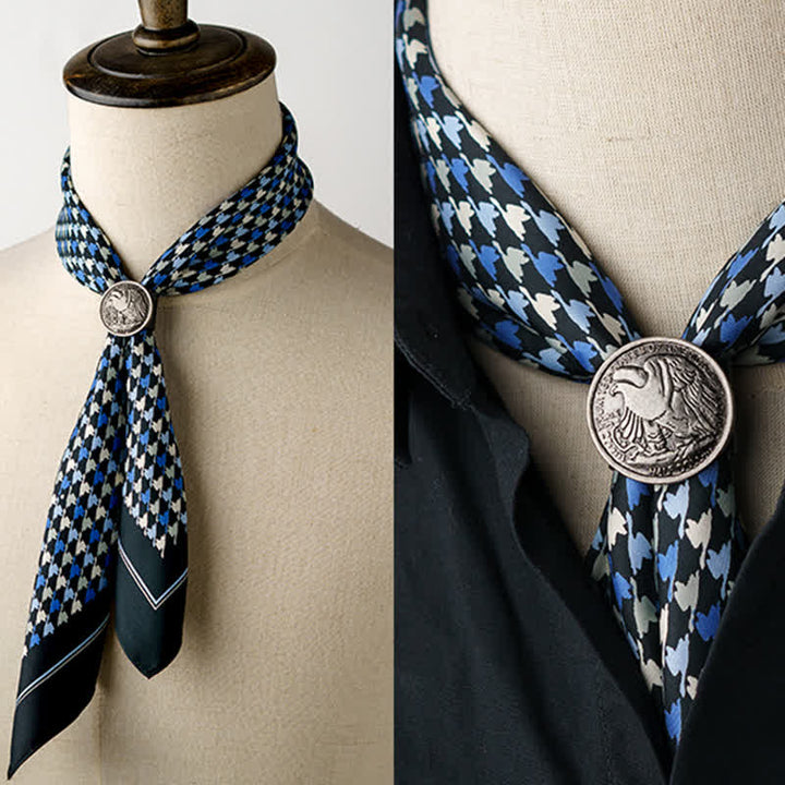 Écharpe carrée à motif pied-de-poule bleu marine et bleu avec boucle d'écharpe