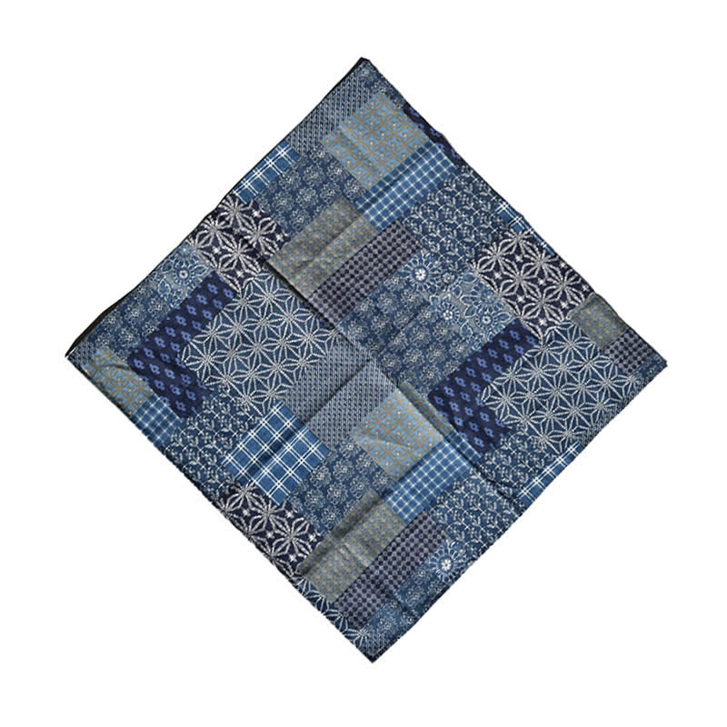 Foulard carré à motifs géométriques patchwork bleu vintage