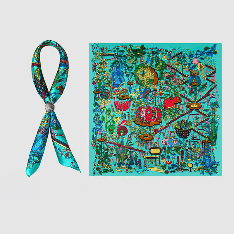 Foulard carré cyan Botanical Paradise avec boucle pour foulard