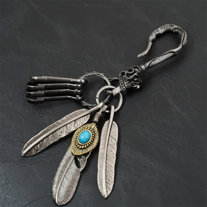 Porte-clés en cuir bleu turquoise avec plumes de crâne Boho