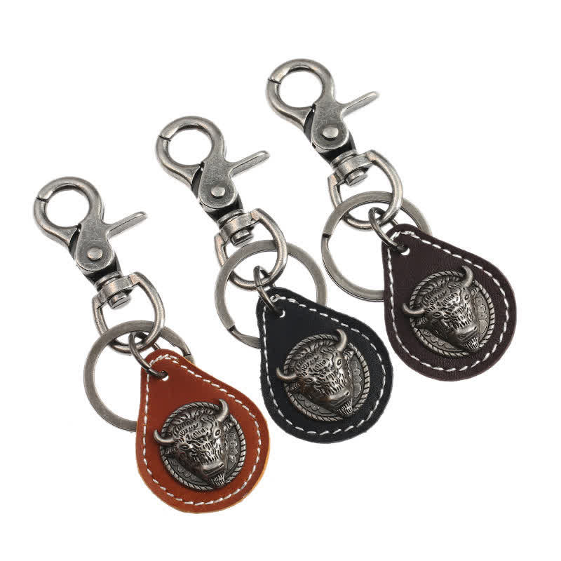 Porte-clés en cuir cousu tête de taureau punk rock